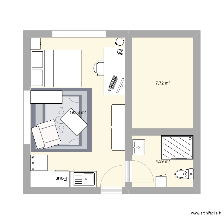 Chambre étudiante. Plan de 3 pièces et 32 m2