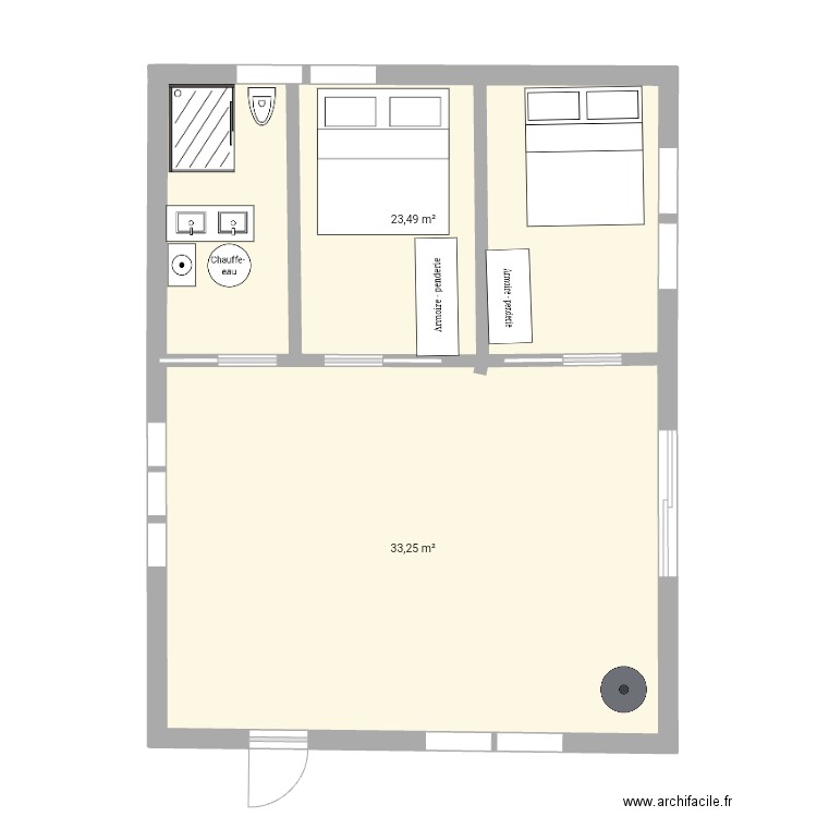 Ambialet neutre. Plan de 2 pièces et 57 m2