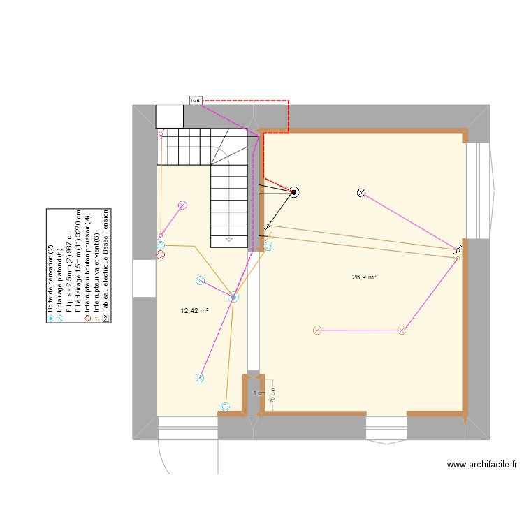 rez de chausser future salon éclairage . Plan de 3 pièces et 39 m2