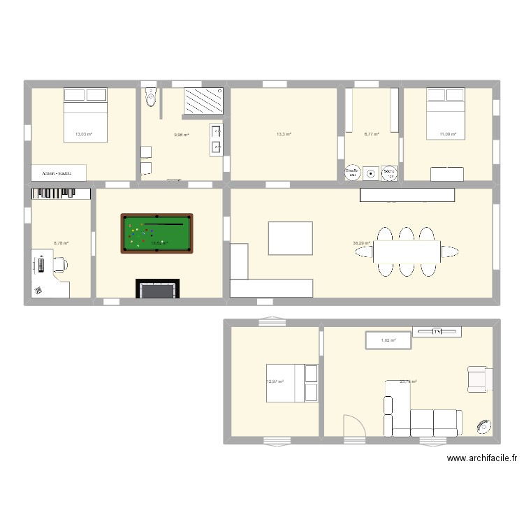 Maison RDC + 1er étage. Plan de 11 pièces et 159 m2