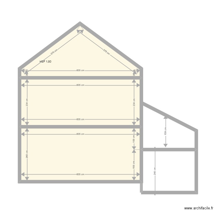 Modèle coupe avec annexe. Plan de 3 pièces et 39 m2