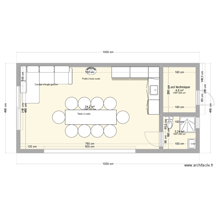 Pool house . Plan de 3 pièces et 42 m2