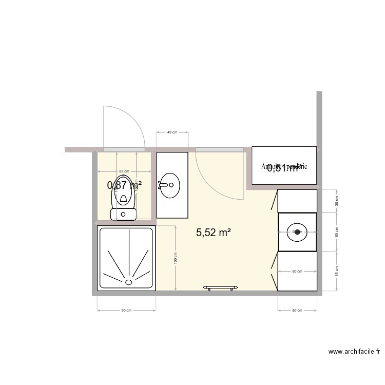 SDB La Plagne. Plan de 3 pièces et 7 m2