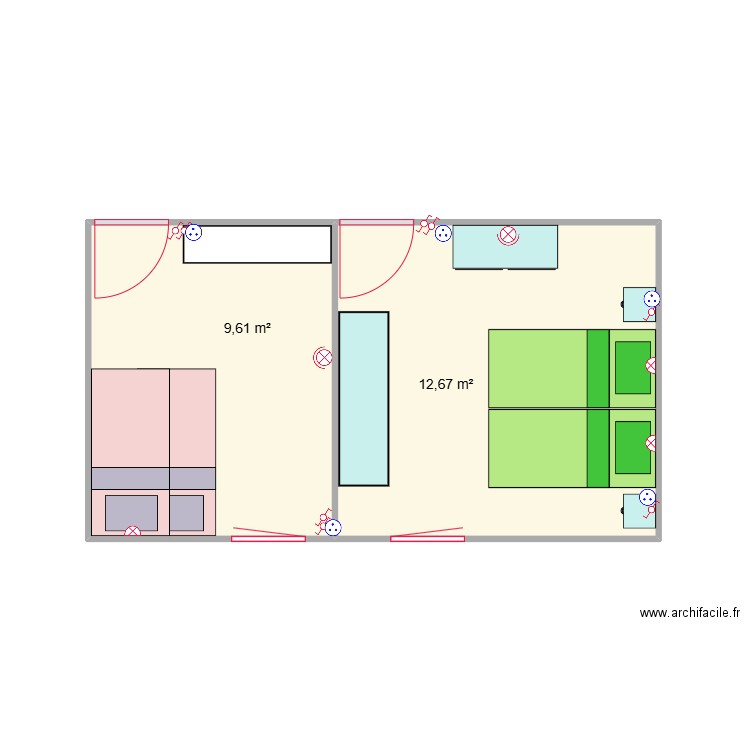 chambre. Plan de 2 pièces et 22 m2