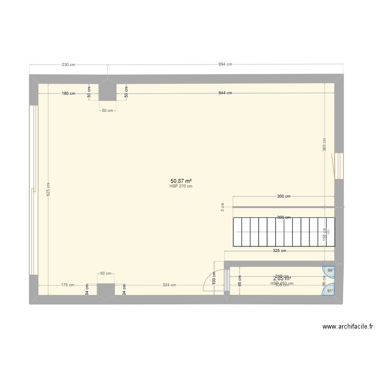 RDJ. Plan de 2 pièces et 54 m2