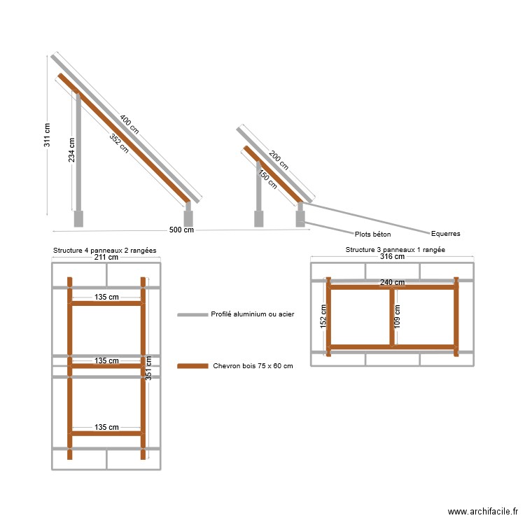 Plan structure panneaux solaire. Plan de 23 pièces et 16 m2