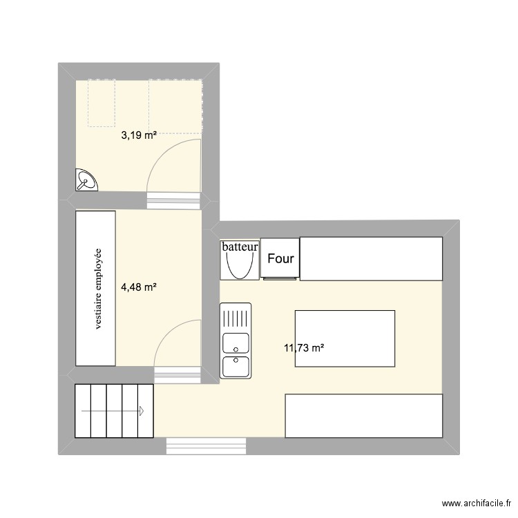 labo patisserie. Plan de 3 pièces et 19 m2