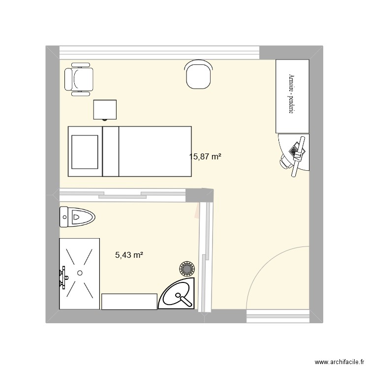 chambre particuliaire. Plan de 2 pièces et 21 m2