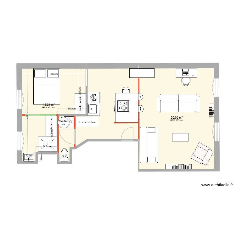 ALSACE2. Plan de 3 pièces et 46 m2