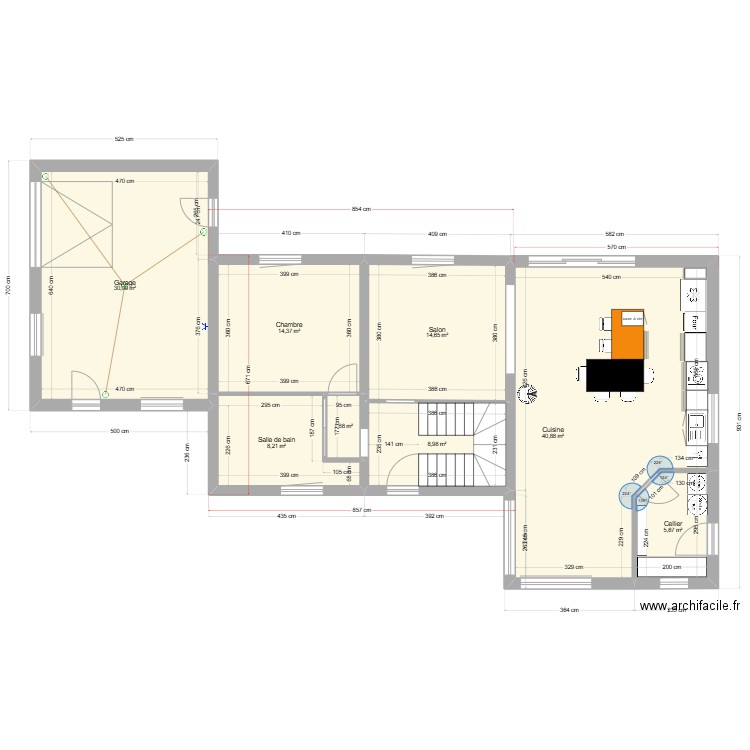 Troisgots implantation cuisine et menuiseries+archi ter. Plan de 20 pièces et 226 m2