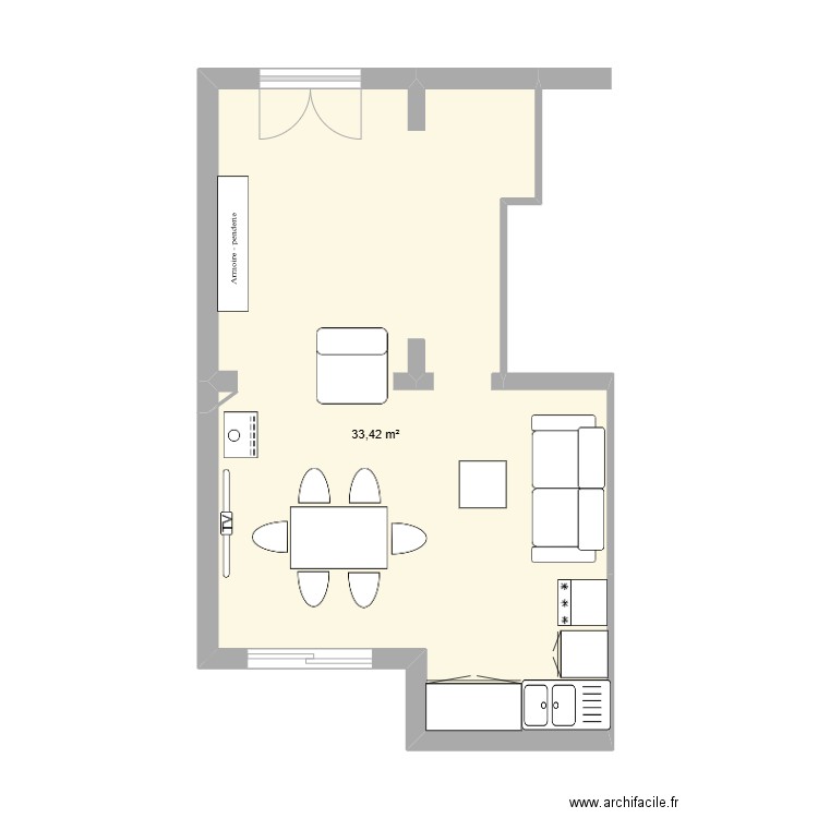 Garluche cuisine chambre v2. Plan de 1 pièce et 33 m2