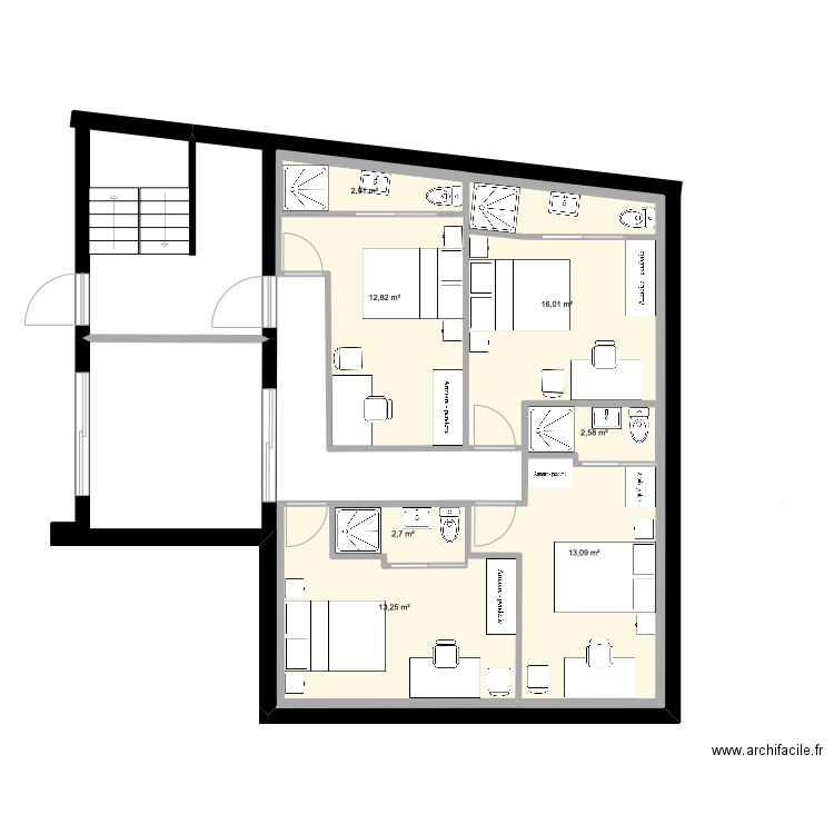 2èm D Chambres/2. Plan de 7 pièces et 72 m2