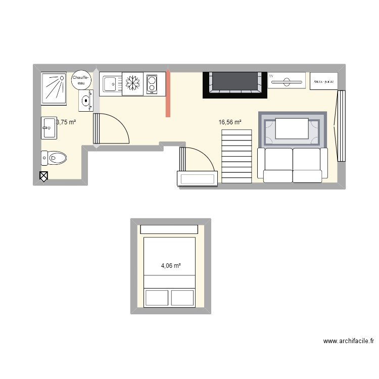 Studio V2. Plan de 3 pièces et 24 m2