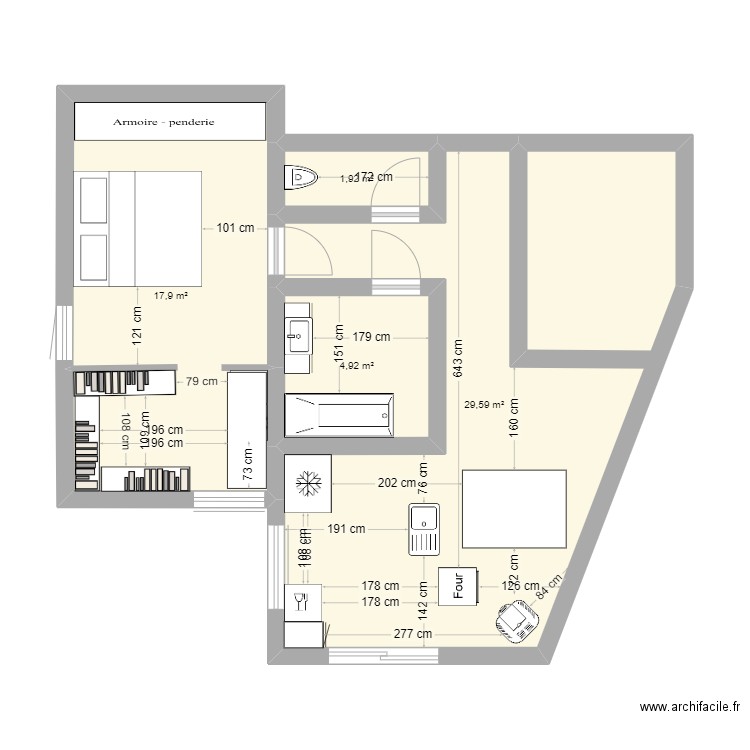 studio louvière. Plan de 4 pièces et 54 m2