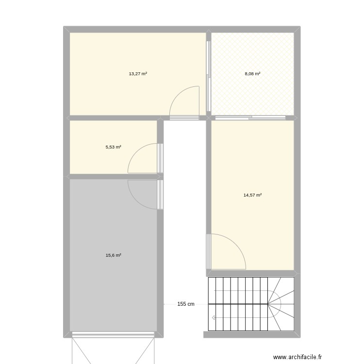 rdc. Plan de 5 pièces et 57 m2