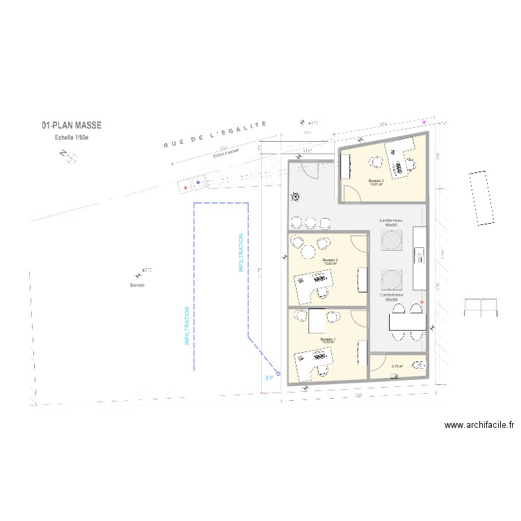 bureau égalité. Plan de 4 pièces et 42 m2