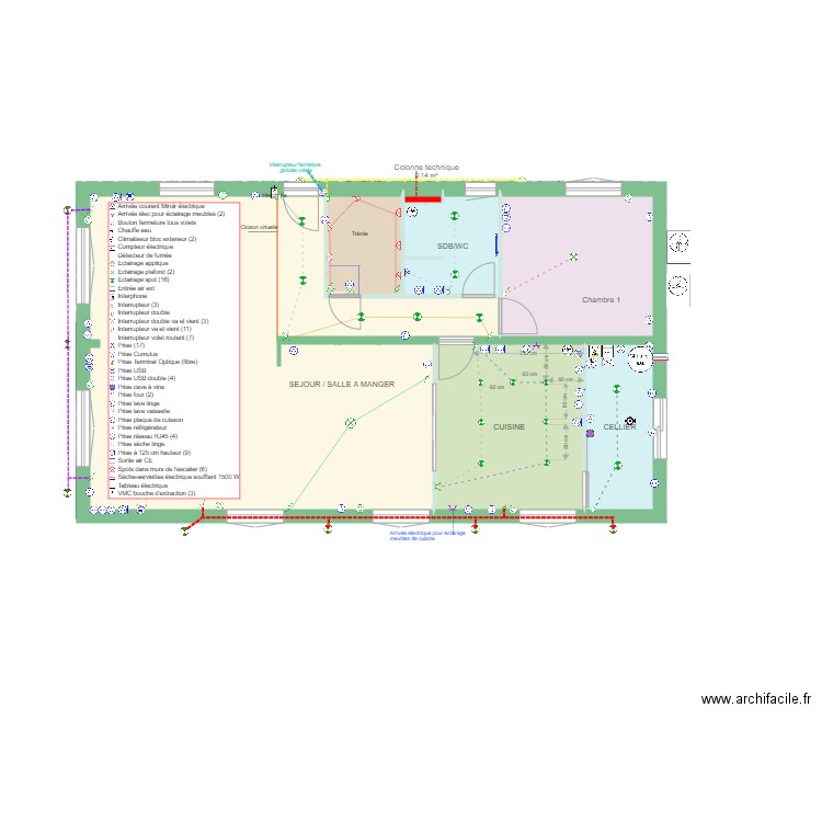 Schema électrique, avec annotations. Plan de 18 pièces et 178 m2