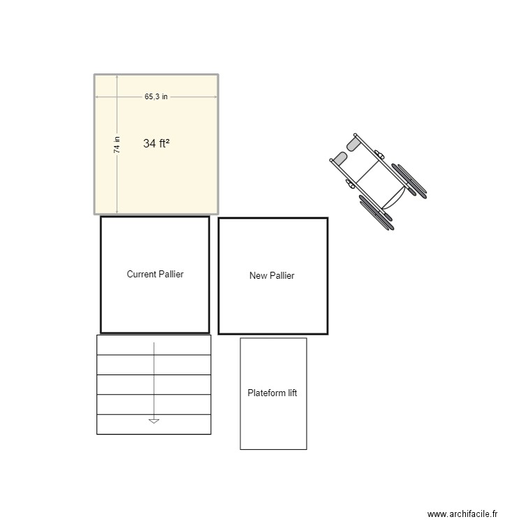 MRs S plateform lift. Plan de 1 pièce et 2 m2