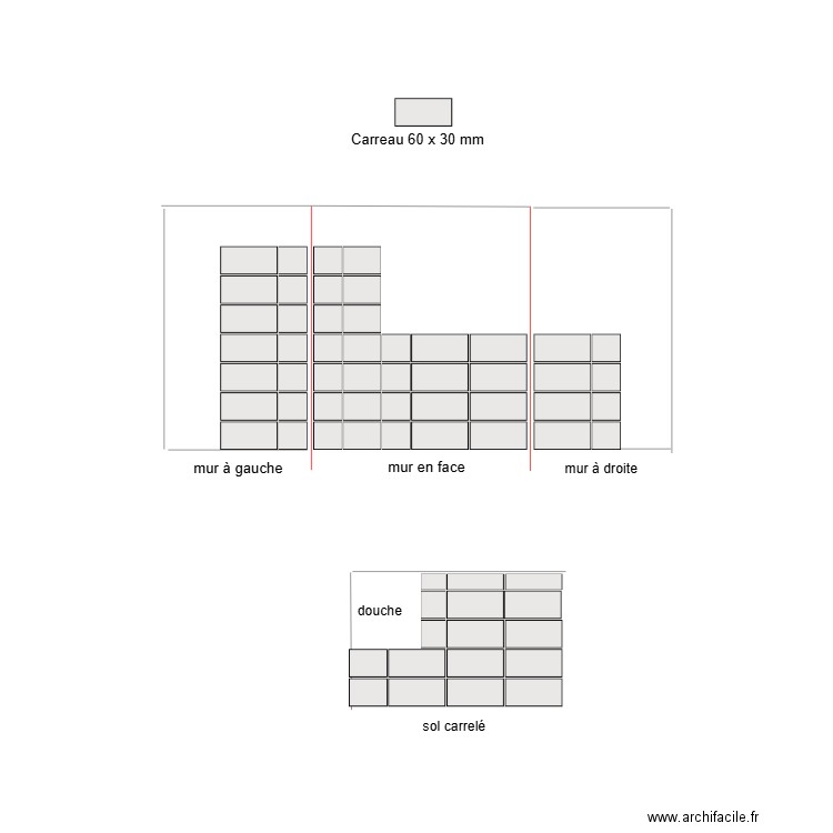 calepinage des 3 murs - carrelage. Plan de 0 pièce et 0 m2