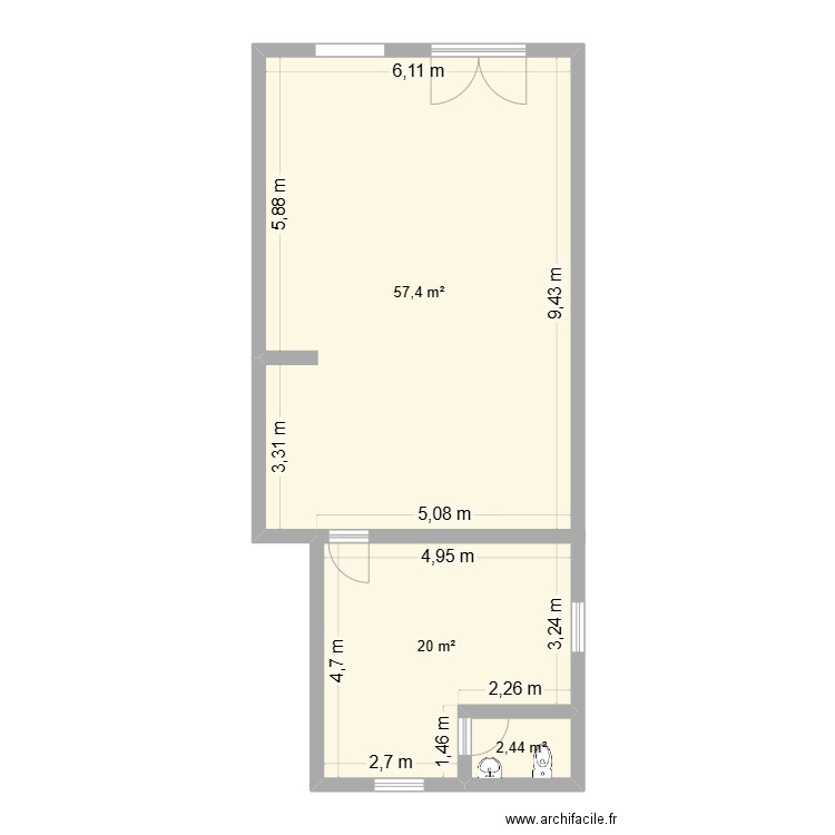 Sun's Shop. Plan de 3 pièces et 80 m2