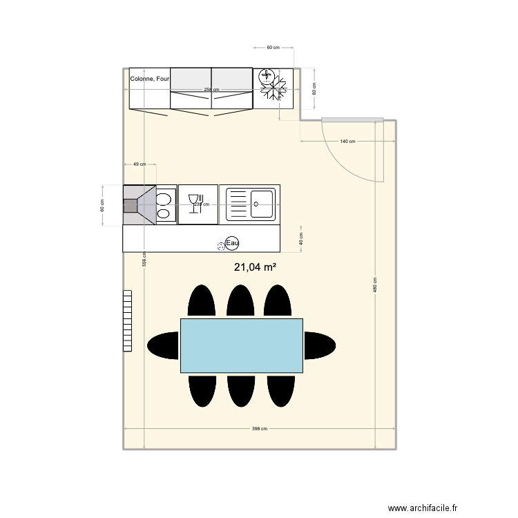 Cuisine. Plan de 1 pièce et 21 m2