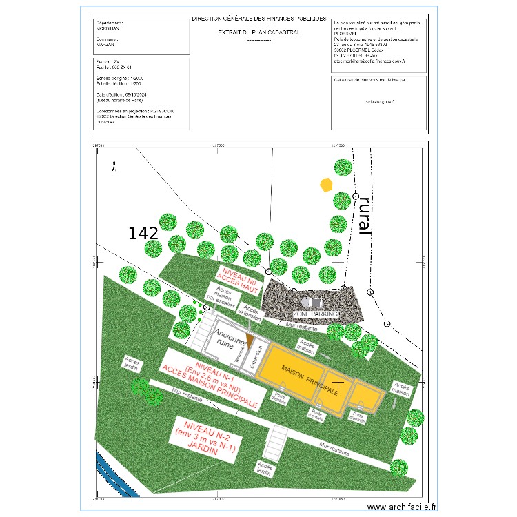 Plan de masse avec extension avec detail jardin. Plan de 1 pièce et 14 m2