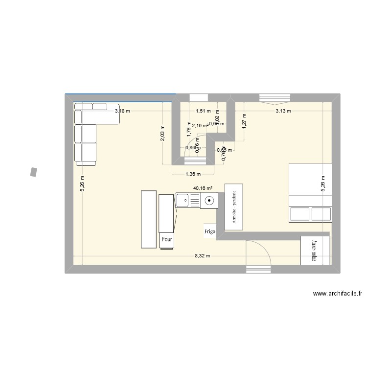 Version actuel. Plan de 2 pièces et 42 m2