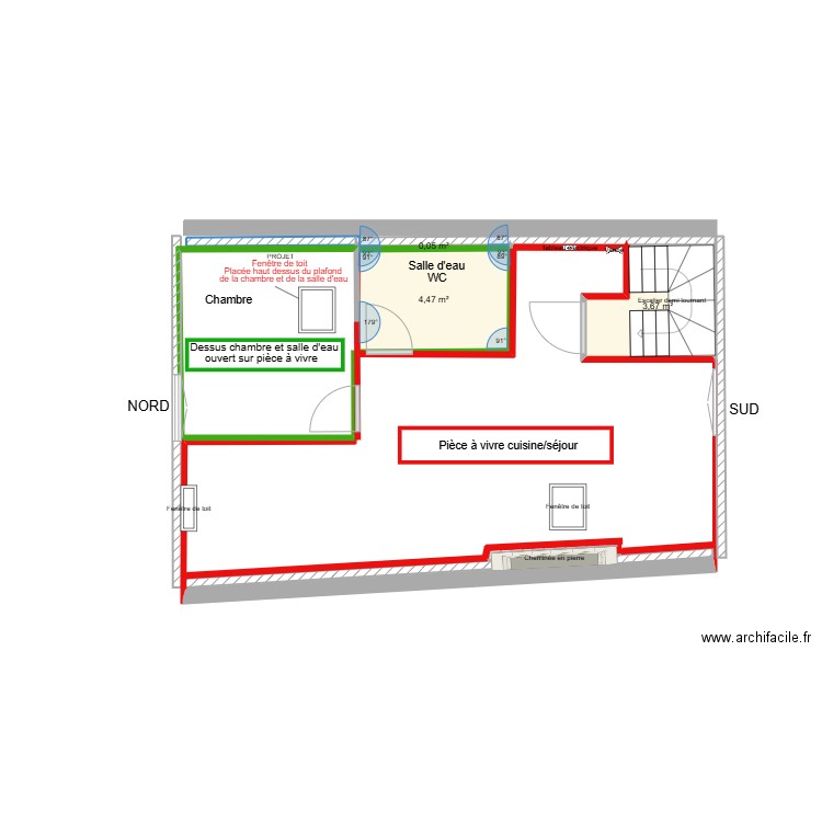 Appartement 3ème étage projet 3ème fenêtre de toit. Plan de 3 pièces et 8 m2