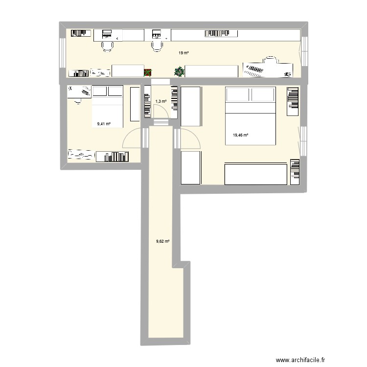 Cuisine. Plan de 5 pièces et 59 m2