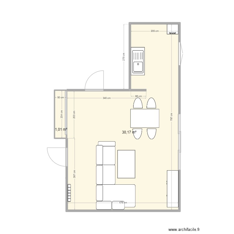 salon. Plan de 2 pièces et 31 m2