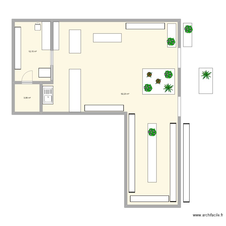 Boutique. Plan de 3 pièces et 108 m2