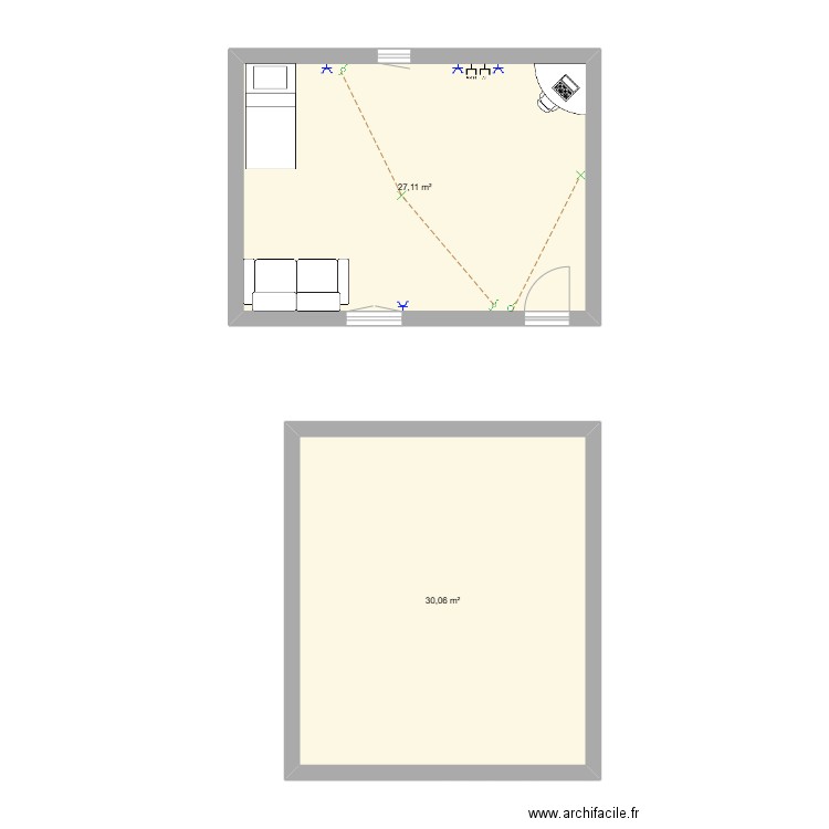 chambre. Plan de 2 pièces et 57 m2