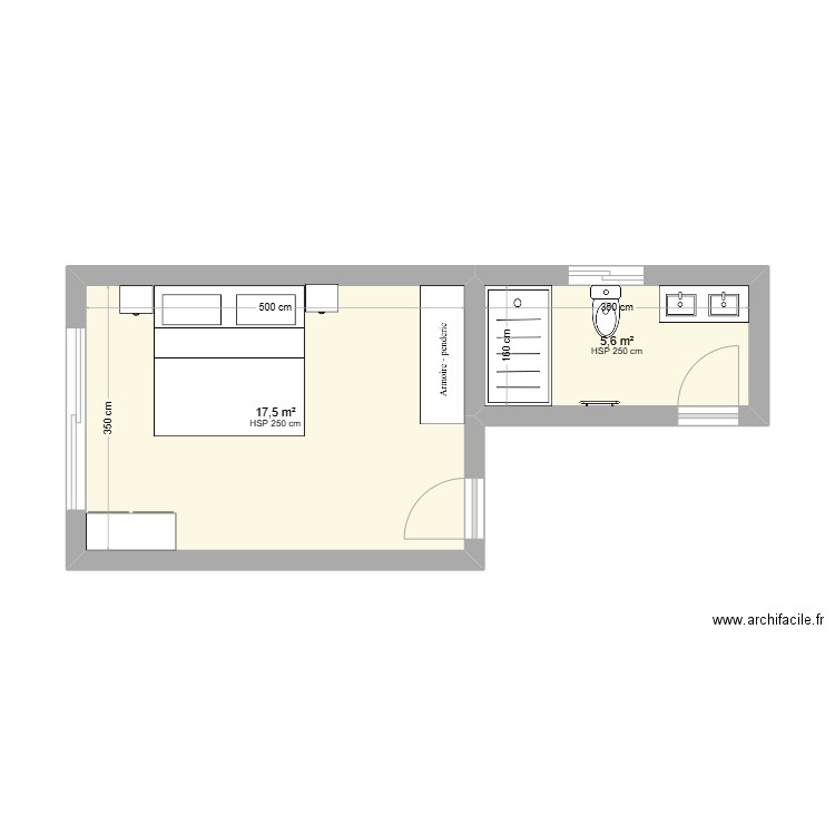 Chb + Sdb. Plan de 2 pièces et 23 m2