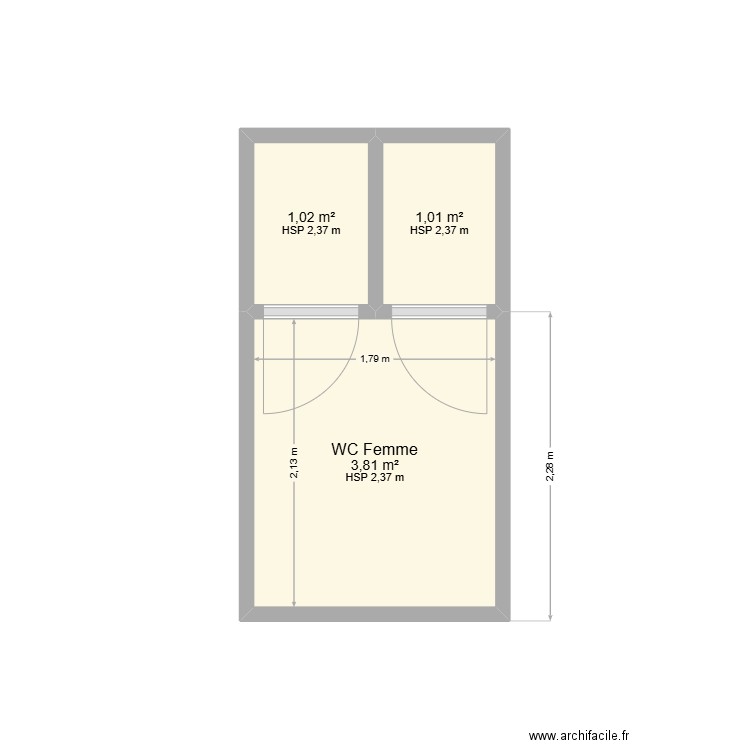 WC Administratif RDC Femme. Plan de 3 pièces et 6 m2