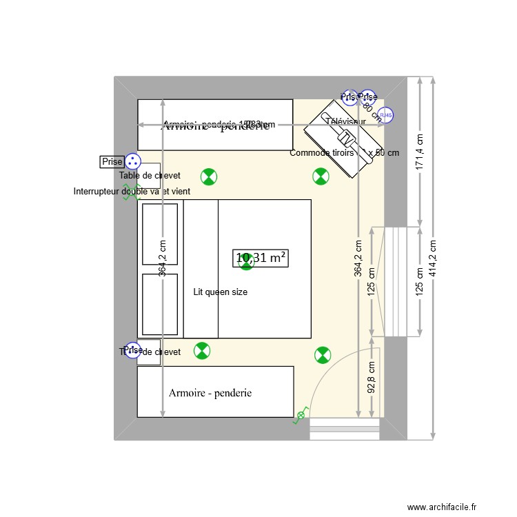 Chambre Studio 1 bis. Plan de 1 pièce et 10 m2