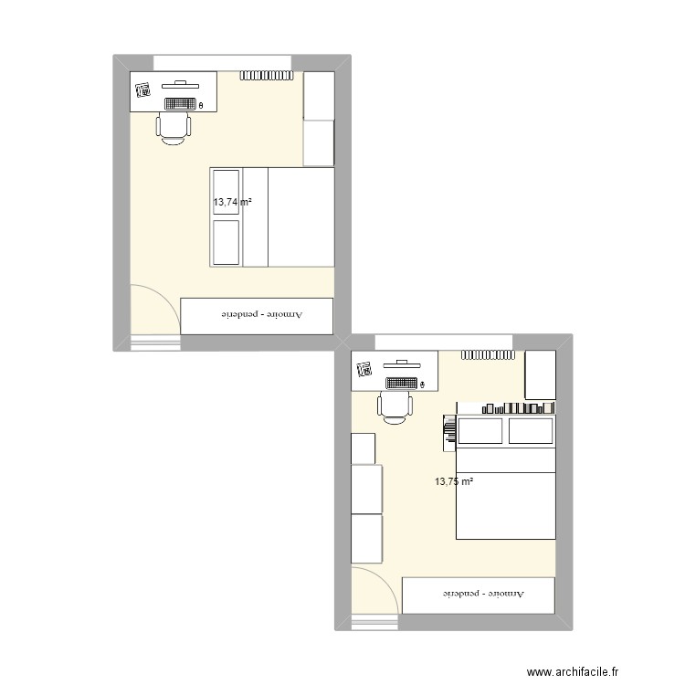 Plan Charly chambre. Plan de 2 pièces et 27 m2