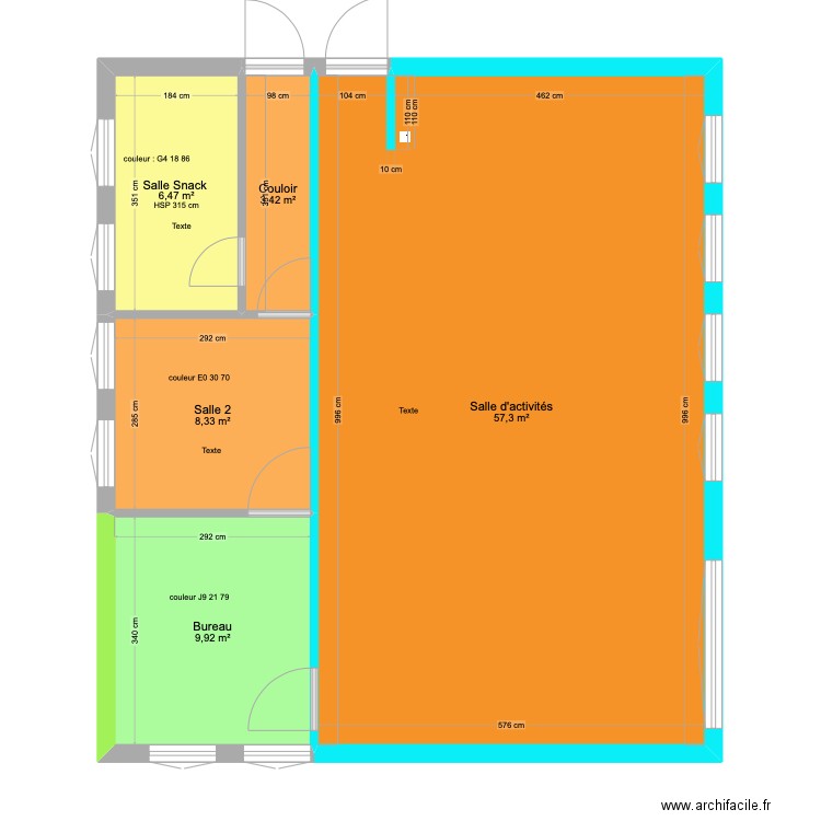 Salle TED et les Autres 4 couleurs Mezzavia. Plan de 5 pièces et 85 m2