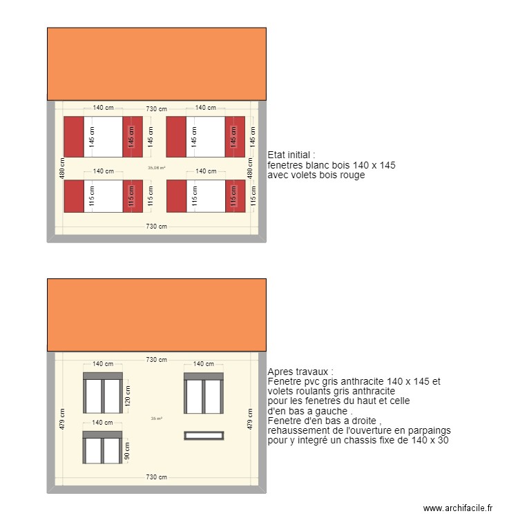 Plan façade coté ouest nord . Plan de 2 pièces et 70 m2