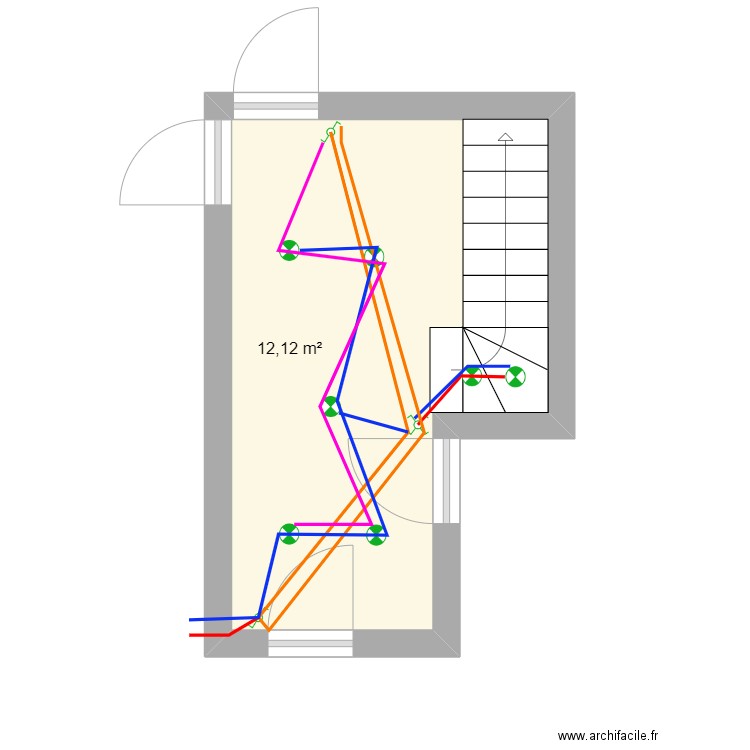 interrupteur va et vient. Plan de 1 pièce et 12 m2