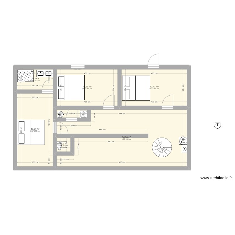 sous sole. Plan de 6 pièces et 77 m2