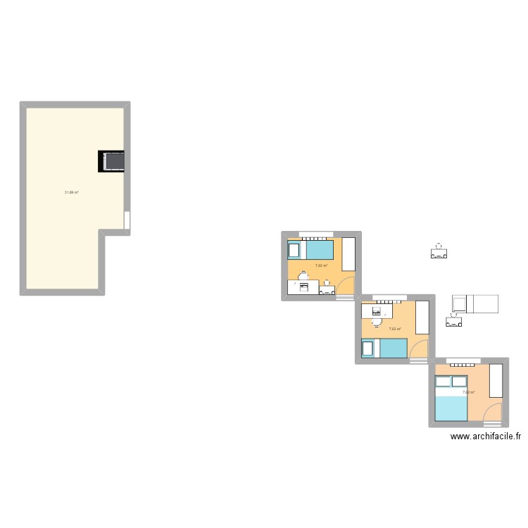 Chambre Elsa. Plan de 4 pièces et 55 m2