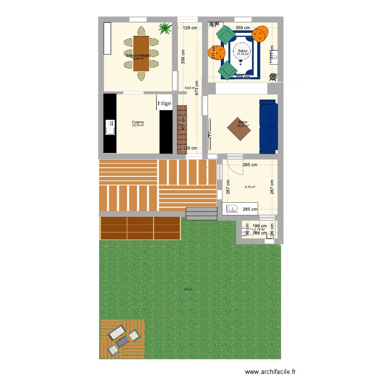 RDC. Plan de 7 pièces et 64 m2