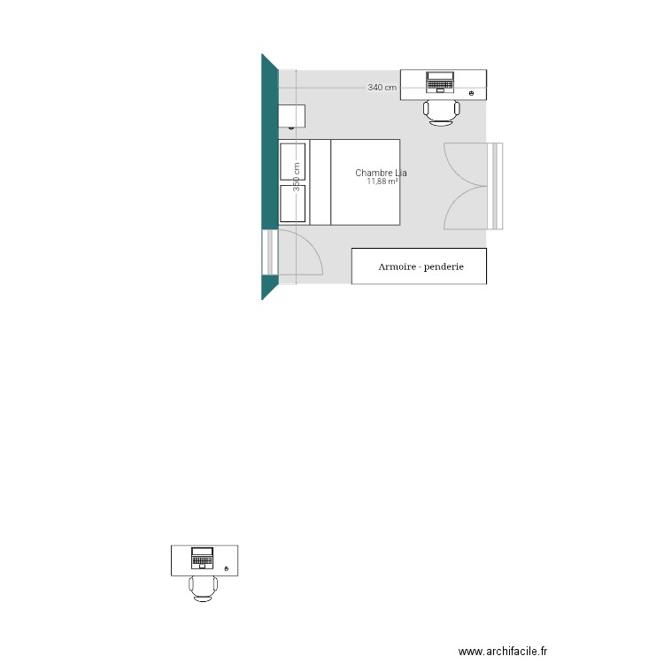 Chambre lia. Plan de 1 pièce et 12 m2