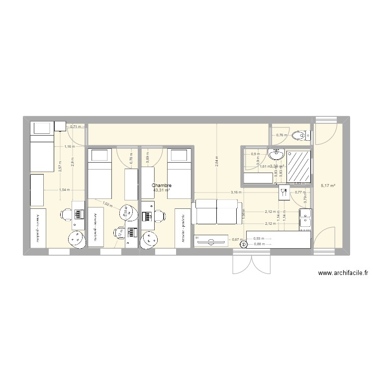 Grange 1. Plan de 3 pièces et 52 m2