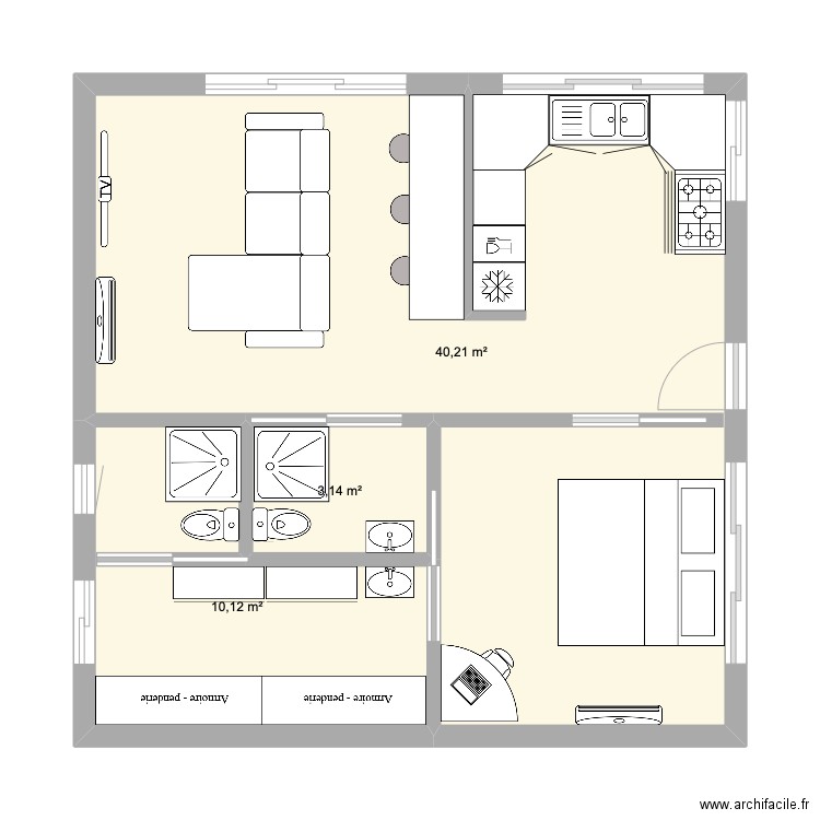 plan 3 . Plan de 3 pièces et 53 m2