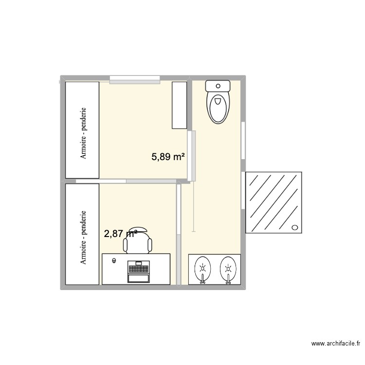 Salle de bain du futur. Plan de 2 pièces et 9 m2