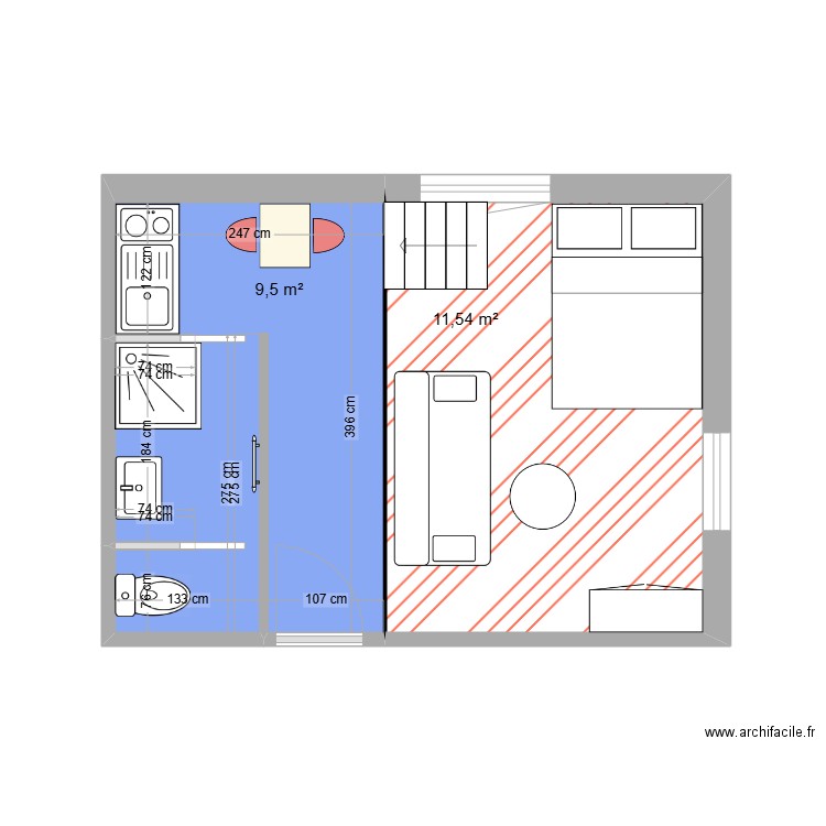 STUDIO N°1. Plan de 2 pièces et 21 m2