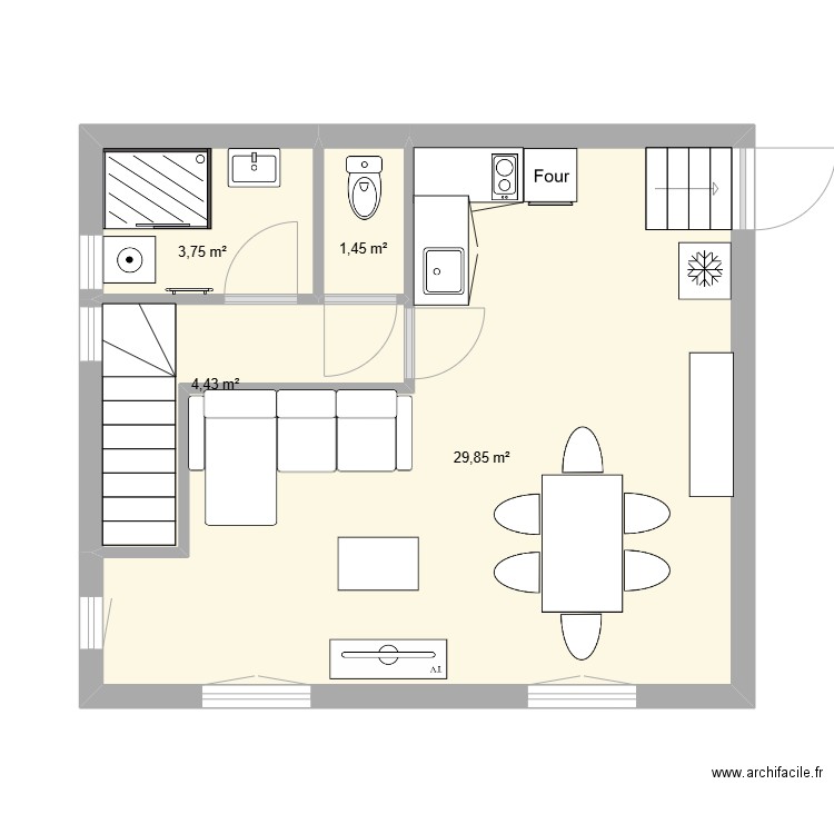 Gite 2 - Atelier R1 chambre R2. Plan de 4 pièces et 39 m2