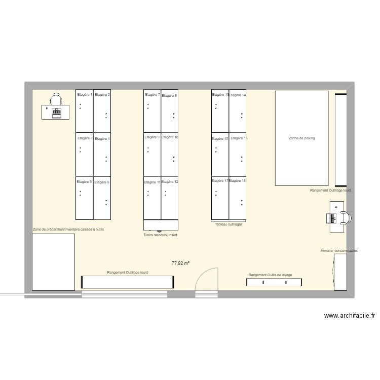 Magasin Outillage . Plan de 1 pièce et 78 m2