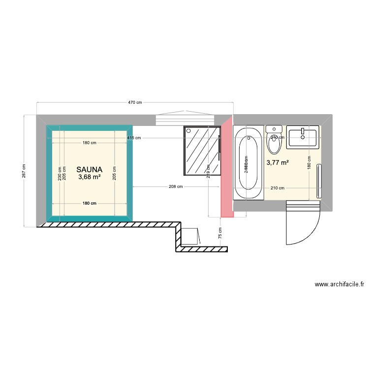 Sauna II. Plan de 2 pièces et 7 m2